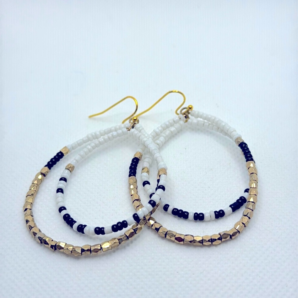 Beaded Black White & Gold Teardrop Earrings